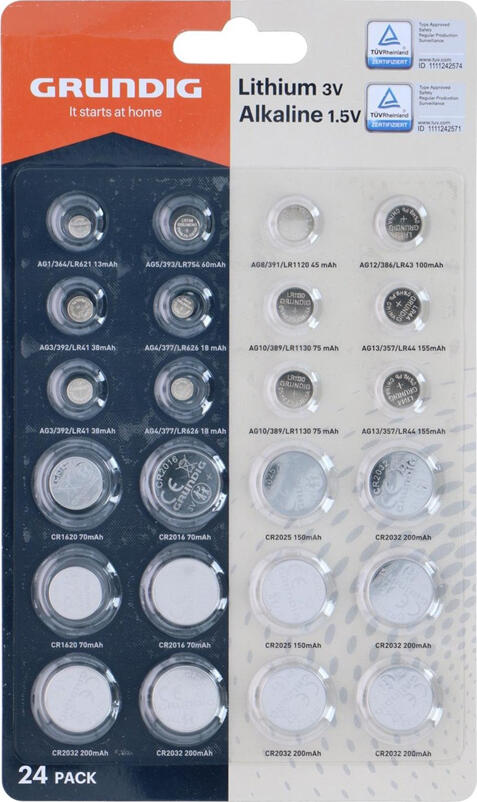 GRUNDIG Set Battery Buttoncell AG1/5/8/12/3/4/10/13 CR1620/2016/2025/2032/2032 24pcs Blister
