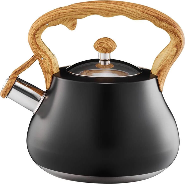 Ceainic cu fluier Ambition Flavio 42813, Inox, Capacitate 2.5L, Compatibil Inductie si Gaz, Negru Mat cu Maner Imitatie Lemn