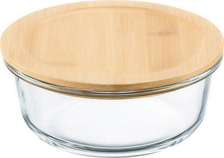 Ambition, Round Borosilicate Glass Container With Bamboo Cover, Natural, 600 Ml, Glass, Wood