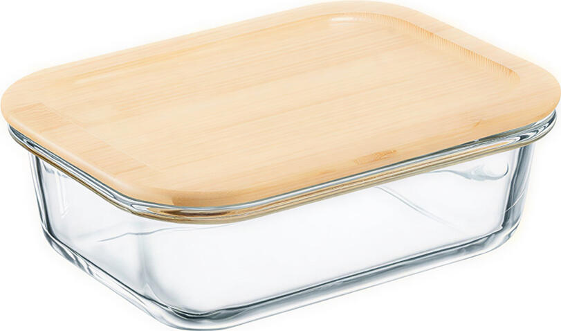 Ambition, Rectangular Borosilicate Glass Container With Bamboo Cover, Natural, 600 Ml, Glass, Wood