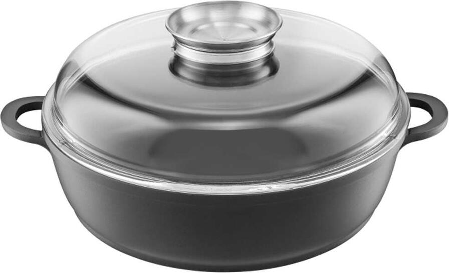 Ambition, Cast Aluminium Pot, Taurus, 28 Cm, Platinum Plus Coating, Aroma Knob, Cast Aluminium, Heat-Resistant Glass, Stainless Steel