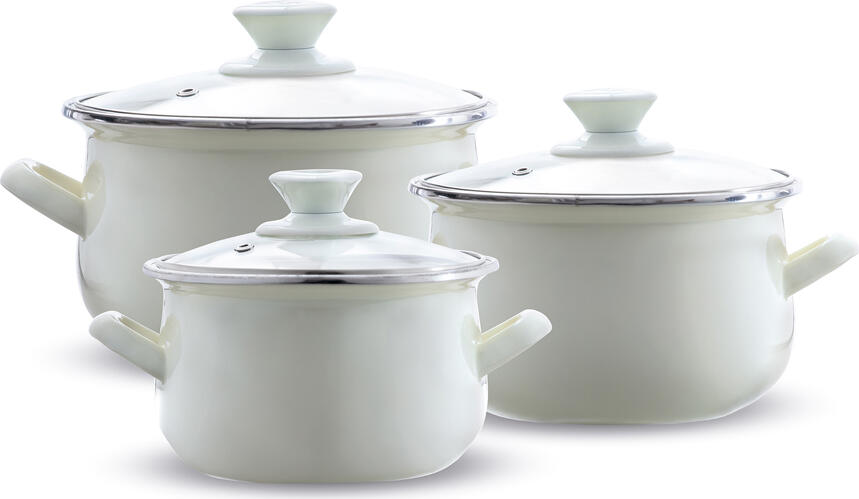 Emalia Olkusz, Set Of 6 Enameled Pots With Glass Lid, 14,16,18 Cm, Enameled Steel