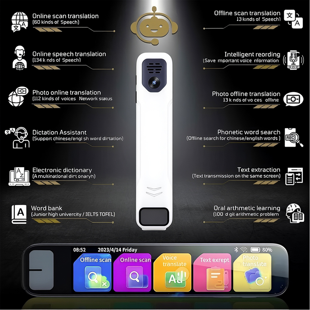 S08B Translation Pen, 3.93-inch HD Touchscreen, Quad-core ARM 1.6GHz, 1GB RAM, 8GB Storage, 134 Languages Voice Translation, Scan-to-Translate, White