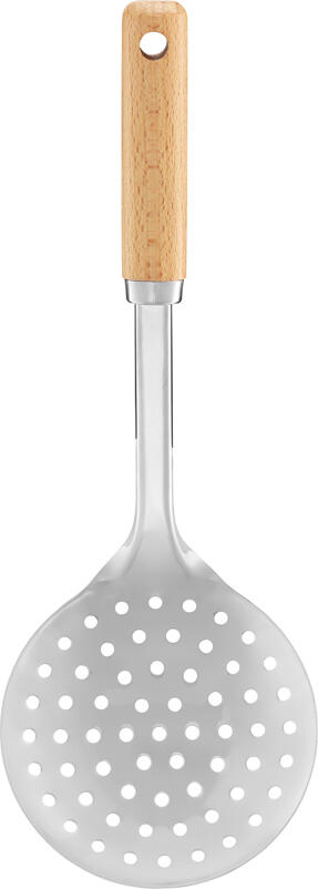 Ambition Natural Stainless Steel Slotted Spoon with Ergonomic Beech Wood Handles, Silver, 0.124 kg, 29.8 x 9.3 x 5 cm
