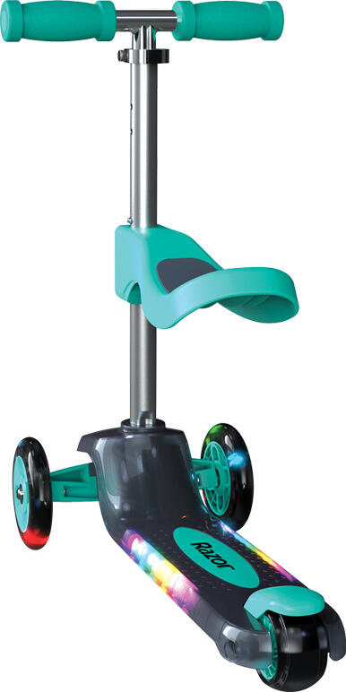 Razor Rollie Deluxe 2-in-1 Convertible Ride-on and Standing Scooter for Kids, LED Light-up Wheels and Deck, Tilt-to-Turn Steering, Teal