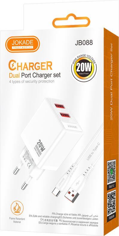 Set Incarcator de Perete Jokade JB088 Shuogong Dual Port 20W, Alb, 2 Porturi USB-A, Priza EU, Material PC Ignifug, cu Cablu USB la Type-C