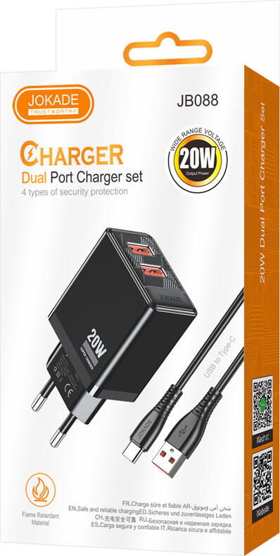 Set Incarcator de Perete Jokade JB088 Shuogong Dual Port 20W, Negru, 2 Porturi USB-A, Priza EU, Material PC Ignifug, cu Cablu USB la Type-C