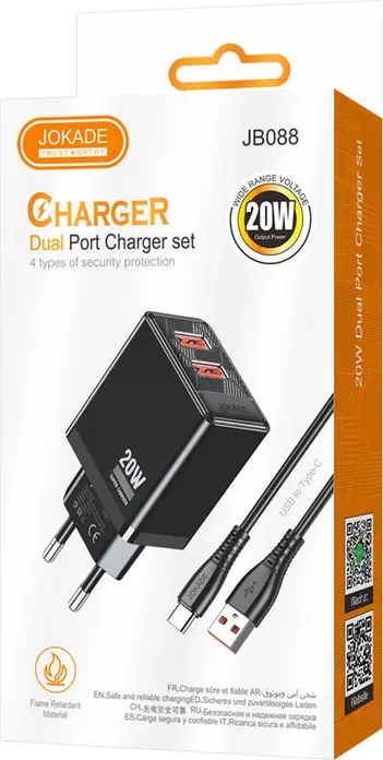 Set Incarcator de Perete Jokade JB088 Shuogong Dual Port 20W, Negru, 2 Porturi USB-A, Priza EU, Material PC Ignifug, cu Cablu USB la Type-C