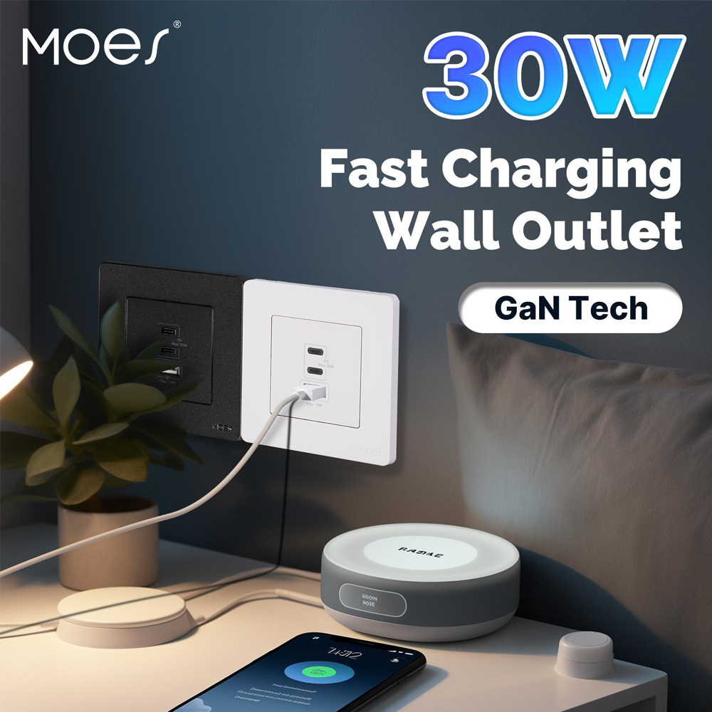 Priza Moes Star Ring Socket 30W GaN de perete, Albă, 3 porturi (2x USB-C PD 30W, 1x USB-A QC 18W), Adaptor de incarcare rapida, 86x86x43mm