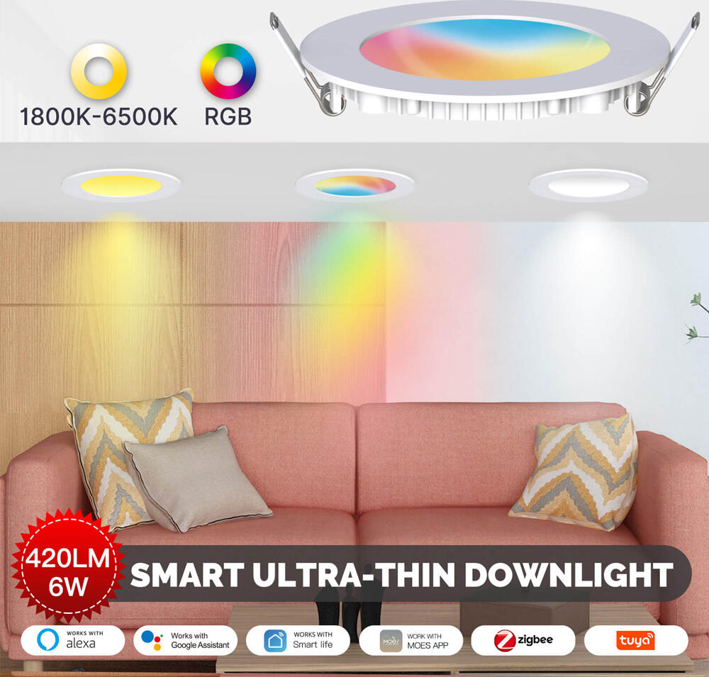 Spot LED Smart Moes ZigBee 3.0 ZB-TLS725-8W, RGB+C+W 6W 420lm Ultra-subtire Incorporat in Plafon, 1800K-6500K Dimabil, Tuya Alexa Google Home