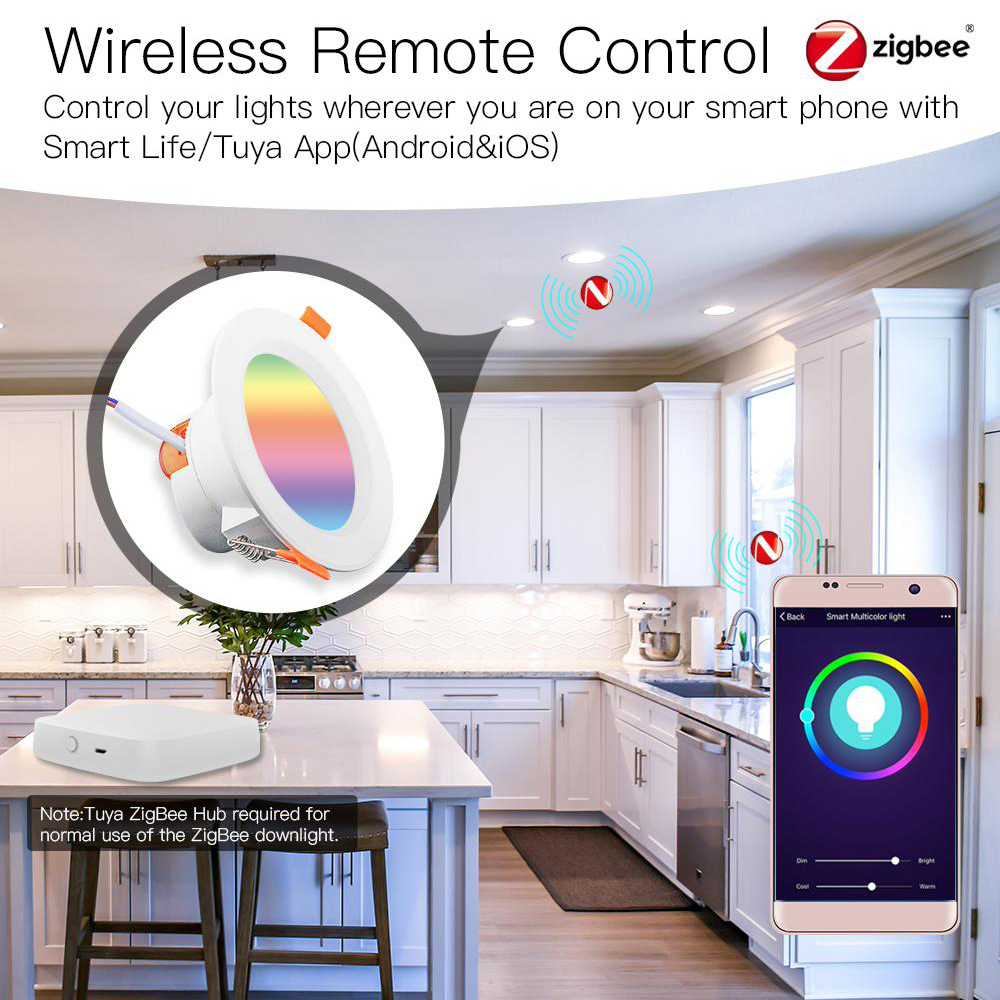 Moes ZigBee LED Downlight Spot, RGB+C+W Smart Recessed Ceiling Light, 7W, 2700K-6500K, 900lm, 3.5 Inch, Tuya Smart Life App Control