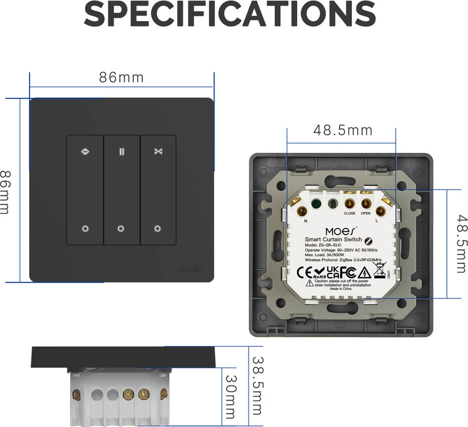Moes Zigbee 3.0 + RF 433MHz Star Ring Curtain Switch ZG-Curtain-S1, Smart Motorized Blind Controller, Neutral Wire Required, 90-250V AC, Grey