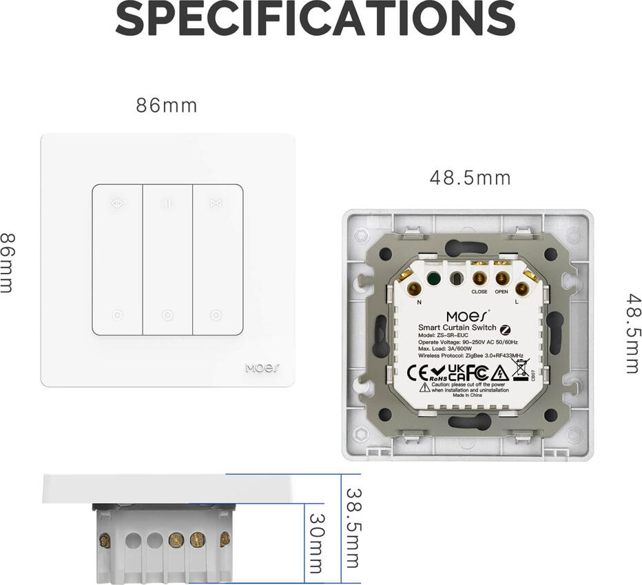 Moes Zigbee 3.0 + RF 433MHz Star Ring Smart Curtain Switch ZS-08-S-SFC, Neutral Required, App Control & Timer for Roller and Venetian Blinds, White