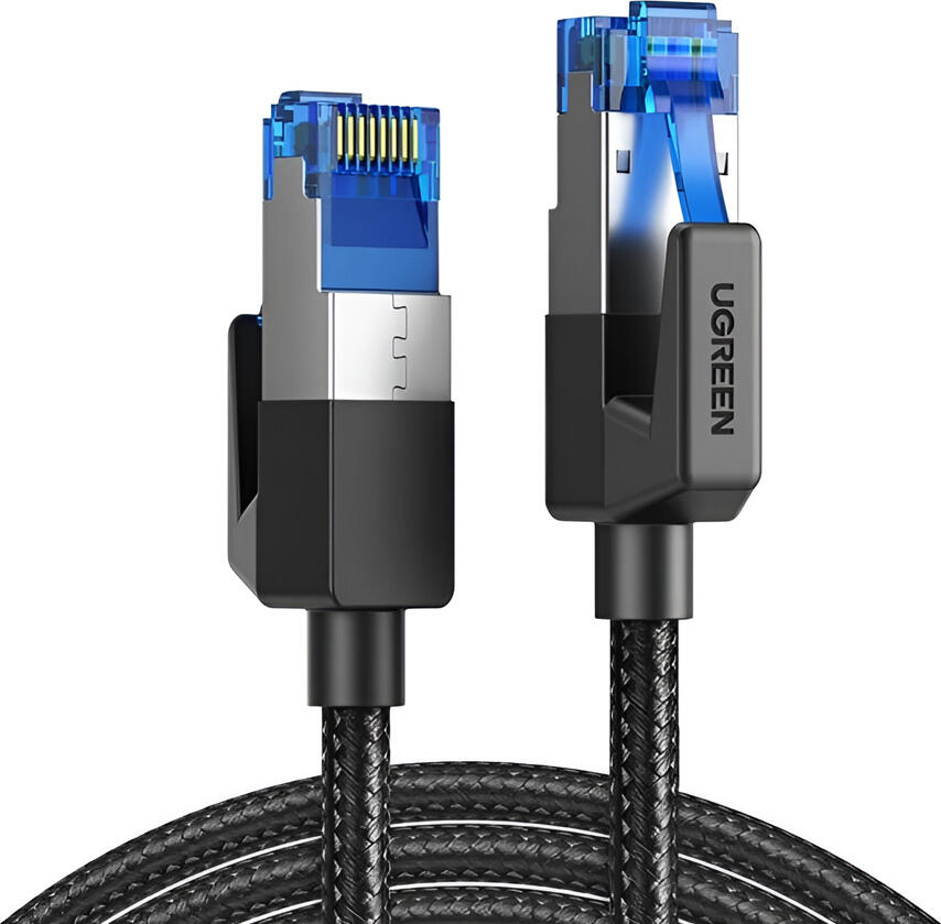 Сетевой кабель UGREEN NW153 Cat8 Ethernet, 40 Гбит/с 2000 МГц, экранированный F/FTP, чистая медь, нейлоновая оплетка, RJ45, 1.5 м, черный
