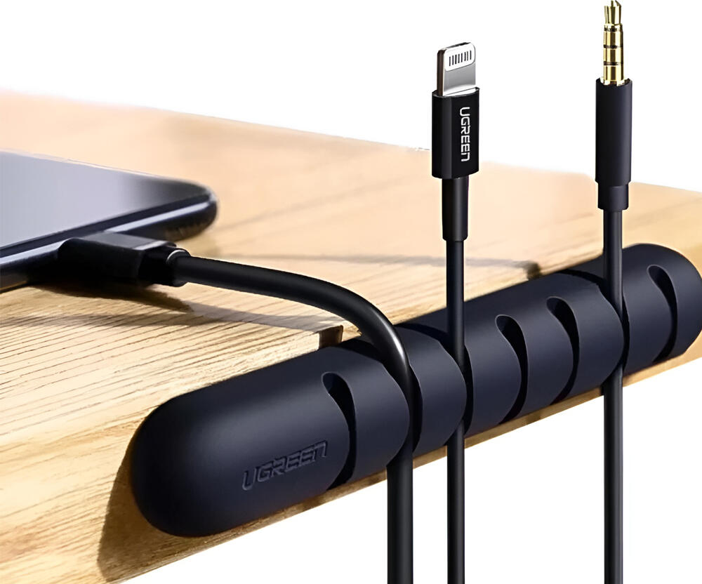 UGREEN LP114 Cable Organizer, 7-Slot Silicone Cable Management Clip, Self-Adhesive Holder for USB, Power, and Headphone Cables up to 5mm, Black