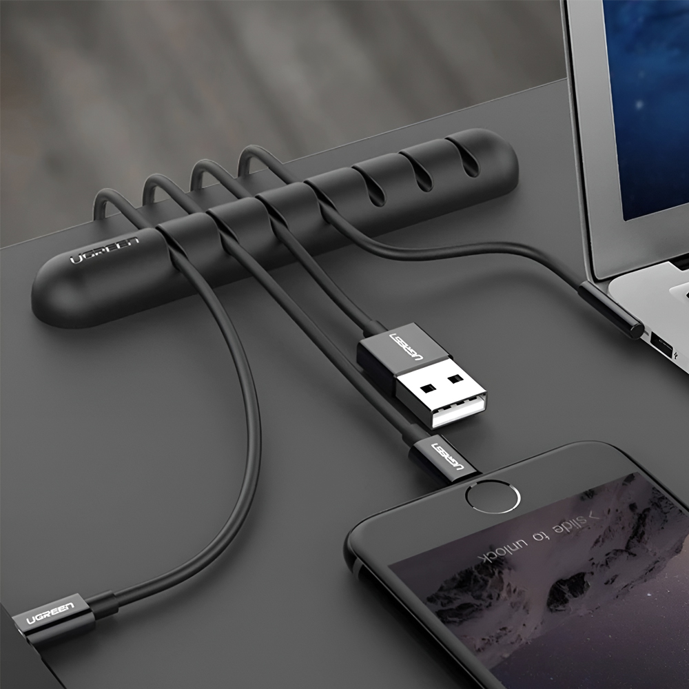 UGREEN LP114 Cable Organizer, 7-Slot Silicone Cable Management Clip, Self-Adhesive Holder for USB, Power, and Headphone Cables up to 5mm, Black