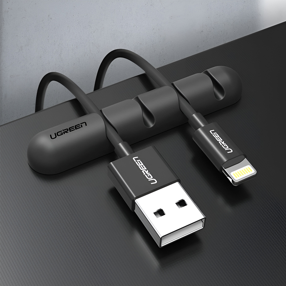 Organizator Cabluri UGREEN, Clipuri din Silicon de Inalta Calitate cu Adeziv 3M, Management Cabluri Flexibil pentru USB si Incarcatoare, 0-5mm, Negru
