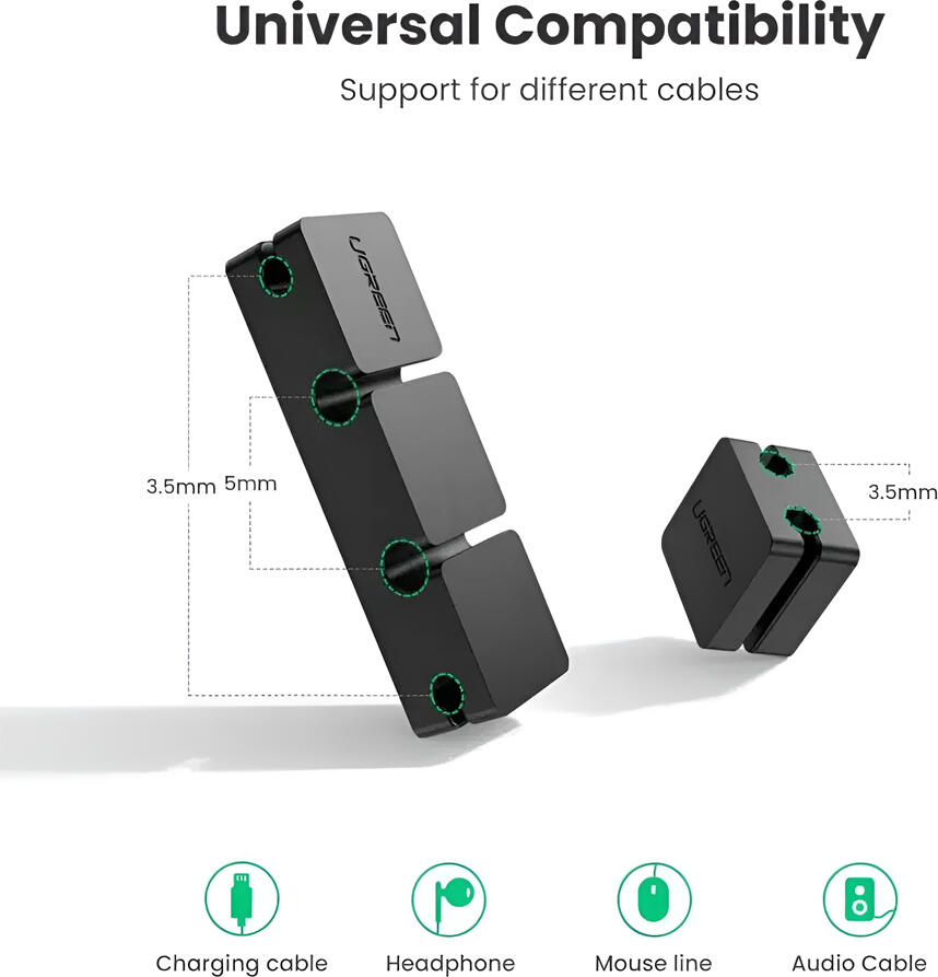 Органайзер для кабелей UGREEN UG-70585, самоклеящийся держатель 3+1 слота, ABS-пластик и силикон, для USB и зарядных кабелей до 5мм, черный