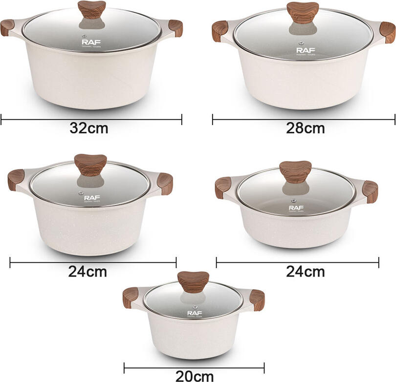 Raf R.80003 Non-Stick Aluminum Cookware Set, White, 5 Pots with Glass Lids, Composite Bottom for Induction, Gas, Electric, Ceramic, PFOA-Free