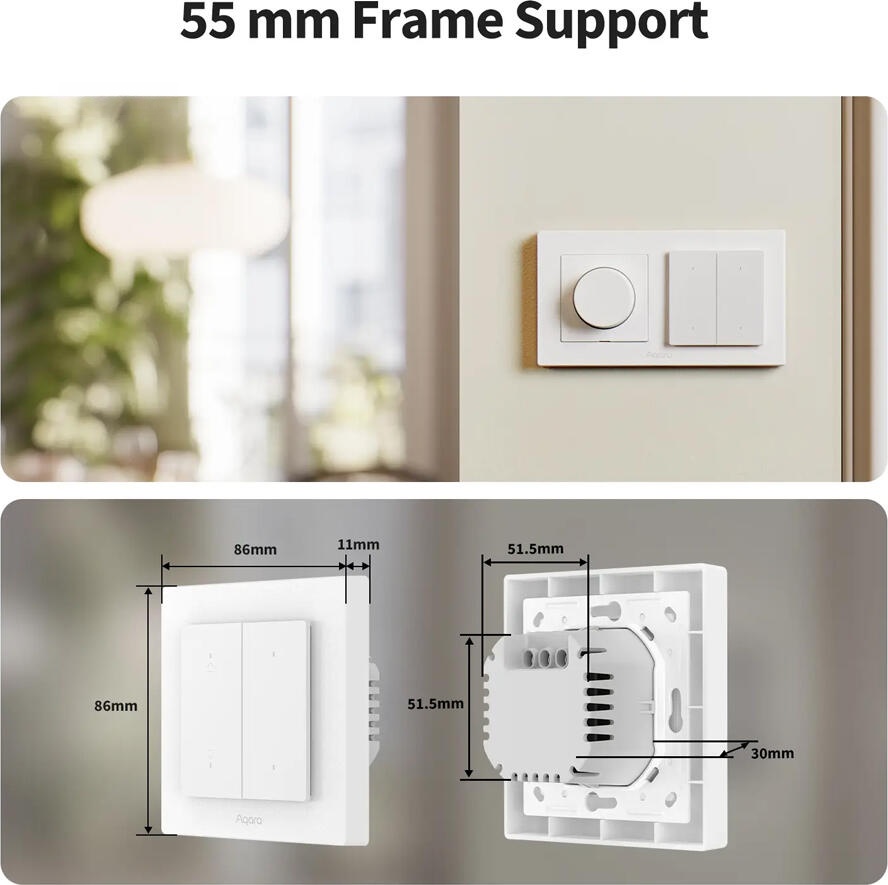 Aqara Light Switch H2 EU (WS-K07D) Smart Switch 4-Gang, Thread Matter Zigbee Bluetooth, Neutral/No-Neutral, Power Monitoring, MARS Tech, White, 86x86x45mm