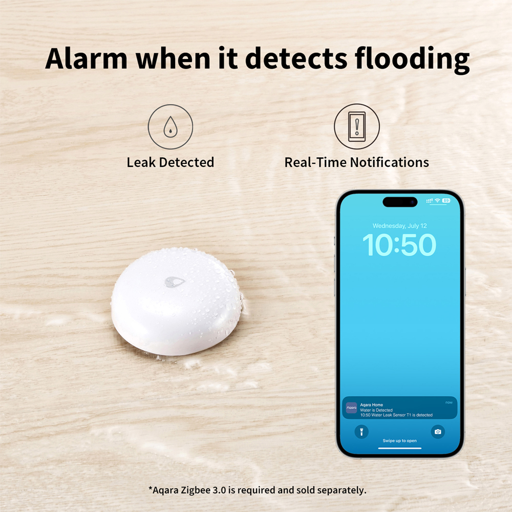 Aqara Water Leak Sensor T1 (WL-S02D) Zigbee 3.0, IP67 Waterproof, Real-time App Notifications, Expandable Detection Area, CR2032 Battery