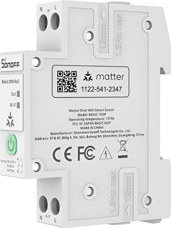 Sonoff BASIC-1GSP Basic DIN Rail Matter Over WiFi Smart Switch, 32A 7680W Double-Pole Switching, Energy Monitoring, Overload Protection