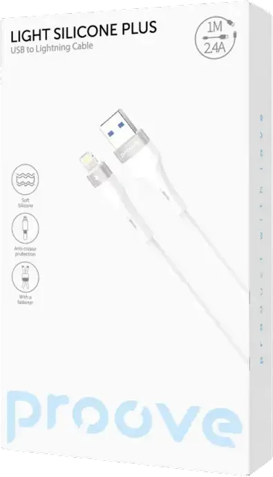Кабель Proove Light Silicone Plus USB - Lightning, 2.4A 60W Power Delivery, 1м жидкий силикон, ультрагибкий, алюминиевый сплав, белый