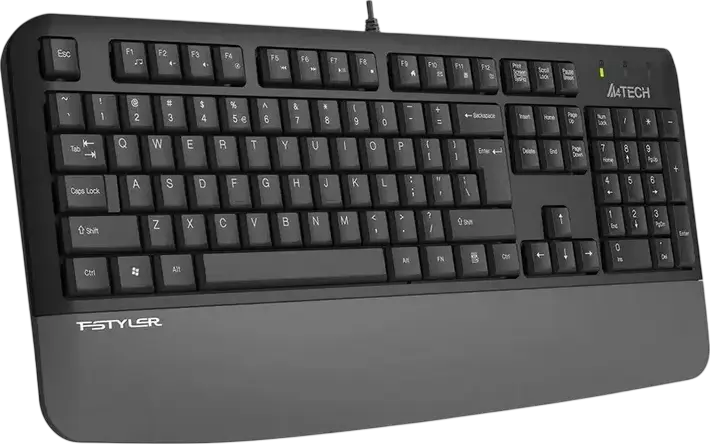 A4Tech FK20 Fstyler Multimedia Wired USB Membrane Keyboard, US/RU/RO Layout, Waterproof Design, Integrated Wrist Rest, Gray