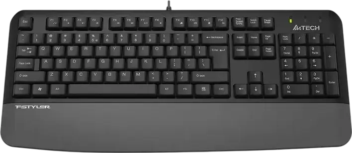 A4Tech FK20 Fstyler Multimedia Wired USB Membrane Keyboard, US/RU/RO Layout, Waterproof Design, Integrated Wrist Rest, Gray