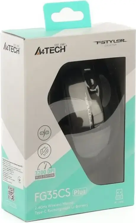 A4Tech Fstyler FG35CS Plus Wireless Mouse, Grey, 2.4 GHz, Silent Clicks, Adjustable DPI 1000-3200, Rechargeable Battery, USB-C Charging, 6 Buttons