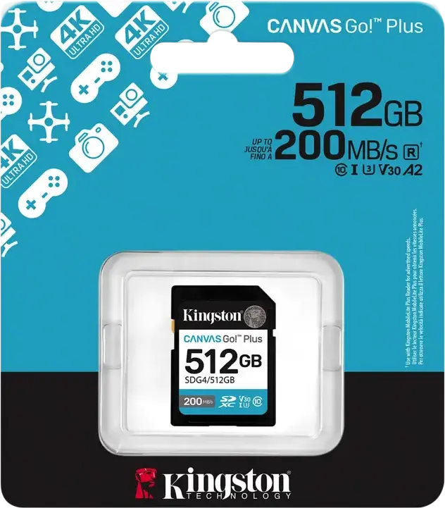 Kingston Canvas Go! Plus SD (SDG4) Memory Card 512 GB, UHS-I U3 V30 Class 10, Up to 200MB/s Read, Waterproof X-Ray Proof, for 4K UHD Video and DSLR Cameras