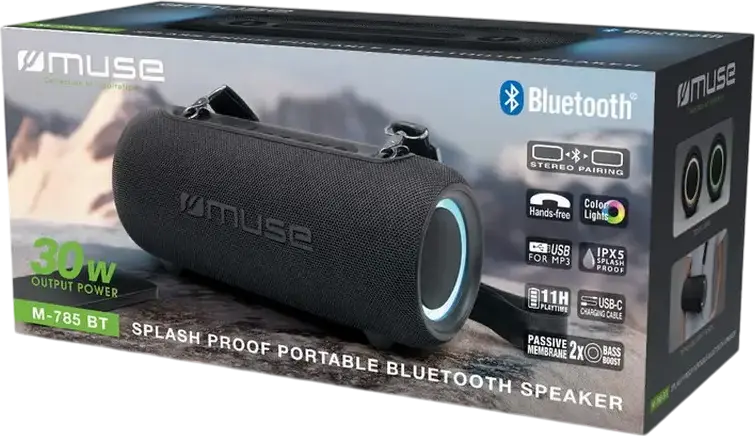 Box Bluetooth Portabil Muse M-785 BT, Putere 30W RMS, Rezistenta la apa IPX5, Baterie 3600mAh, Autonomie 11h, Lumini RGB, Bass Boost, USB-C, Gri Inchis