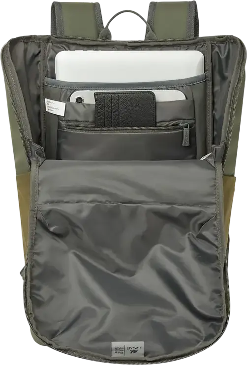 Rivacase Eden-Eco 7856 Urban Backpack 20L for 15.6 inch Laptop and 11 inch Tablet, Water Resistant RPET PU Leather, Olive Green