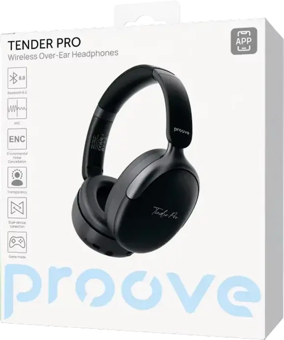 Casca Wireless Over-Ear Proove Tender Pro, Negru, cu ANC ENC, Bluetooth 6.0, Difuzoare 40mm, Autonomie 90h, USB Type-C si AUX 3.5mm, Plastic ABS