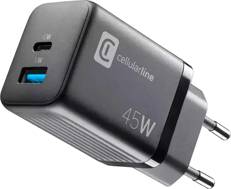 Încărcător Cellularline Wall Charger GAN, 2 Ports, 45W, 45W, Negru