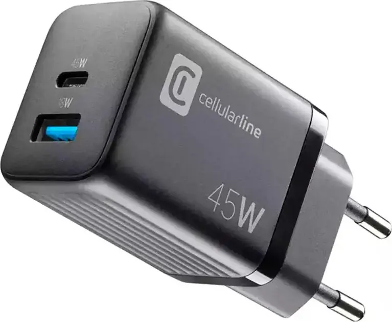 Incarcator de perete Cellularline GaN 45W, Dual Port USB-C 45W si USB-A 18W, Tehnologie Fast Charging Power Delivery pentru Smartphone-uri, Tablete si Laptopuri