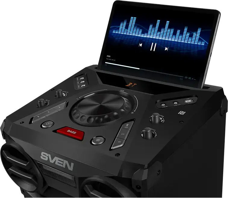 Sistem Boxe Party SVEN PS-1900 1000W, Bluetooth, NFC, TWS, Iluminare RGB, Cabinet Lemn MDF, 2 x 8 inch, Radio FM, Intrare Microfon/Chitara, Negru