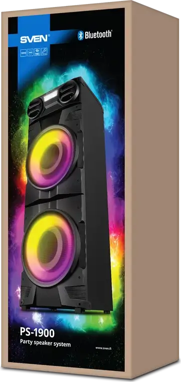 Sistem Boxe Party SVEN PS-1900 1000W, Bluetooth, NFC, TWS, Iluminare RGB, Cabinet Lemn MDF, 2 x 8 inch, Radio FM, Intrare Microfon/Chitara, Negru