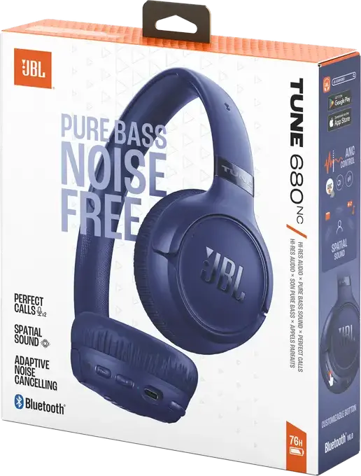 JBL Tune 680NC Wireless and Wired On-Ear Headphones, Blue, Adaptive Active Noise Cancelling, Pure Bass Sound, Spatial Sound, 76h Battery, Multipoint Connection, 1.2m Cable