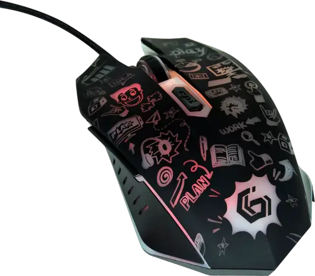 Игровой проводной мышь Gembird MUS-6B-GRAFIX-01, оптический сенсор 3600 dpi, 6 кнопок, RGB подсветка, дизайн Graffiti, USB, для правшей, черный