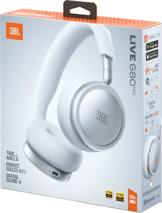 JBL Live 680NC Wireless On-Ear Headphones, White, Adaptive Noise Cancelling 2.0, Hi-Res Audio, Spatial Sound, 80h Battery, Bluetooth 6.0, Multi-point Connection