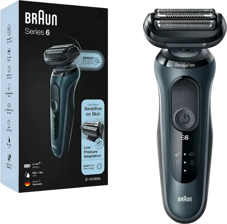 Braun Series 6 61-N1000s Electric Foil Shaver, Wet & Dry, SensoFlex 3D Head, AutoSense Technology, Li-Ion Battery, Grey, Made in Germany