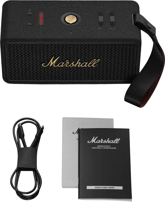 Difuzor Portabil Bluetooth Marshall Middleton II, Rezistenta IP67, Sunet 360 True Stereophonic, Autonomie 30+ Ore, Power Bank, Negru si Alama