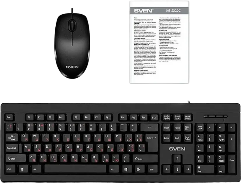 SVEN KB-S320C Wired Keyboard and Mouse Set, Membrane Splash-Proof Keyboard with 12 Fn Keys, 1000 dpi Optical Mouse, USB, Black