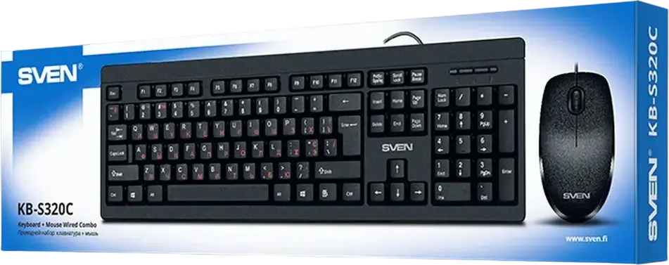 SVEN KB-S320C Wired Keyboard and Mouse Set, Membrane Splash-Proof Keyboard with 12 Fn Keys, 1000 dpi Optical Mouse, USB, Black