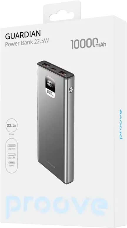 Внешний аккумулятор Proove Guardian 10000мАч 22.5Вт Быстрая зарядка PD Quick Charge Li-Polymer Дисплей LCD PC Алюминий Серый