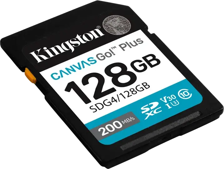 Карта памяти Kingston Canvas Go! Plus SD (SDG4) 128 ГБ, UHS-I U3 V30 Class 10, скорость чтения до 200МБ/с, водонепроницаемая и рентгеноустойчивая, для 4K UHD видео и DSLR