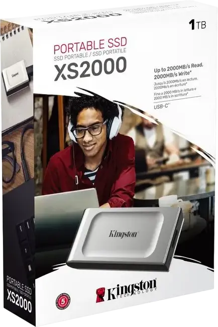 Kingston XS2000 External SSD 1TB USB 3.2 Gen 2x2 Type-C, 2000MB/s Read/Write, IP55 Water and Dust Resistant, Shockproof with Rubber Sleeve, Silver