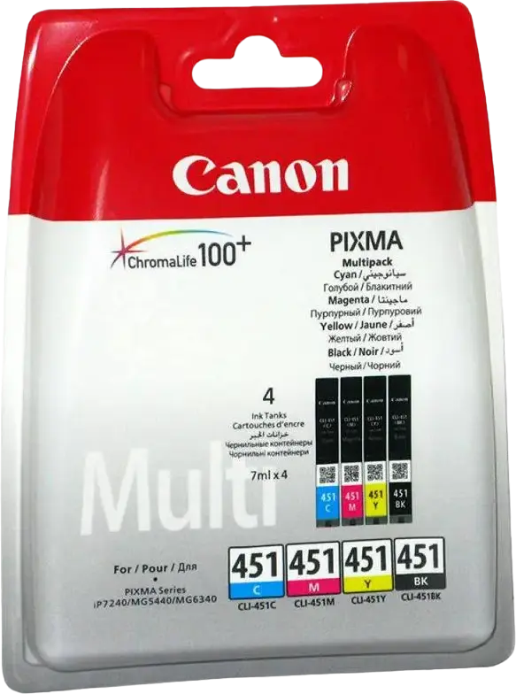 Комплект картриджей Canon CLI-451 для PIXMA iP7240 iP8740 iX6840 MG MG7540 MX924, чернила ChromaLife100+, набор из 4 цветов: черный, голубой, пурпурный, желтый