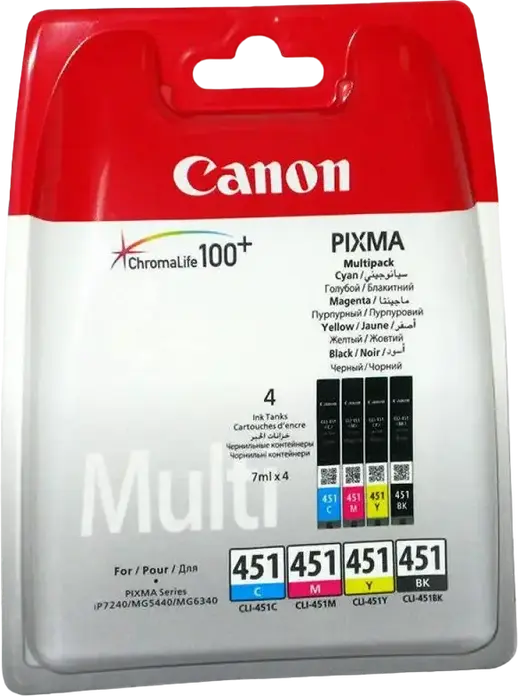 Комплект картриджей Canon CLI-451 для PIXMA iP7240 iP8740 iX6840 MG MG7540 MX924, чернила ChromaLife100+, набор из 4 цветов: черный, голубой, пурпурный, желтый